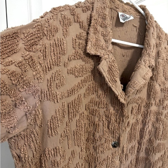 Vintage Brown Chenille Floral Rosette Collared Button Down Jacket Shacket XL 90s - Picture 3 of 9